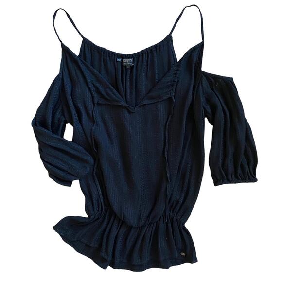 GUESS Black Cold Shoulder Peplum Blouse Size Small Business Casual Shabby Chic - Picture 1 of 12